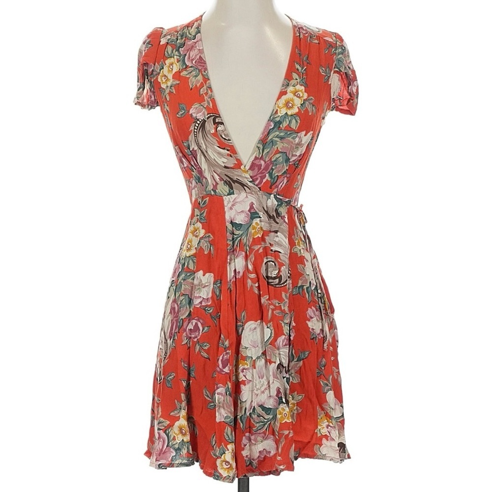 Rollas Dancer - Coral Red Dress - Wrap Floral Print Dress - Lulus NEW XS - Picture 2 of 7